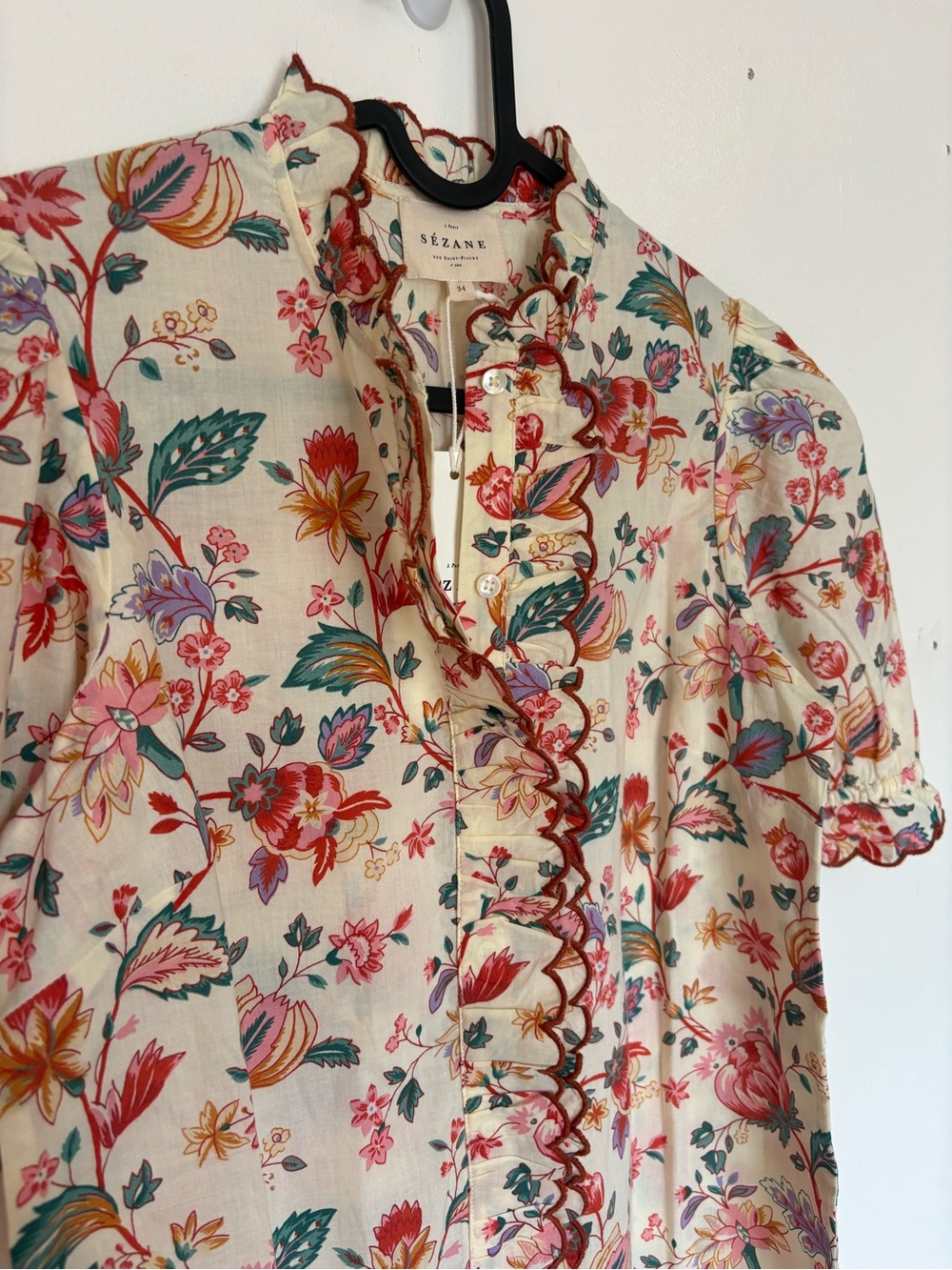 Sézane Maya Blouse Fleurs Indiennes Floral Ruffle Size 34 US 2 NWT - Picture 8 of 16